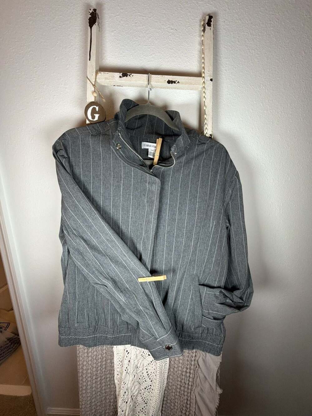 Calvin Klein Pinstripe Jacket Size M Gray Full Zip Stand Collar
